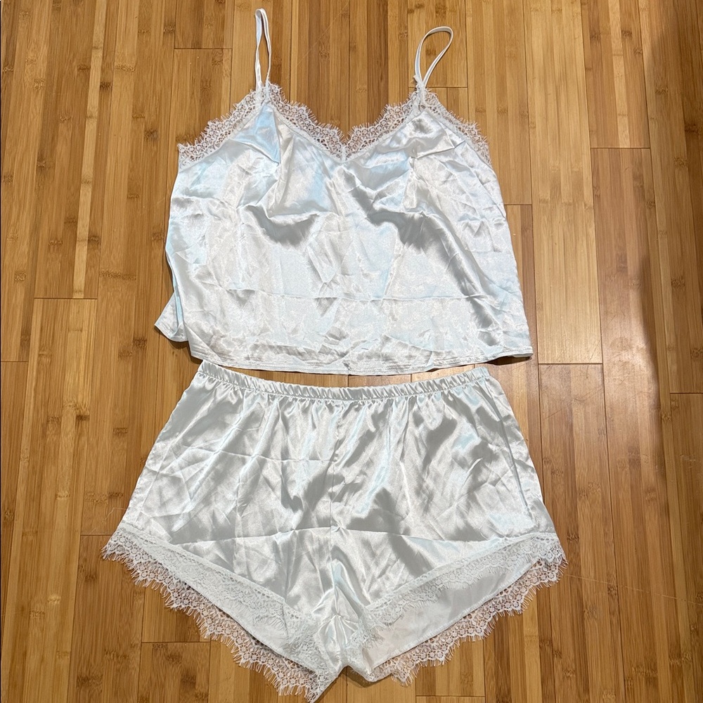Elegant White Lace Trim Satin Sleepwear Set
